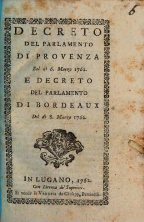 Decreto del parlamento di provenza e Decreto del parlamento di Bordeaux ...
