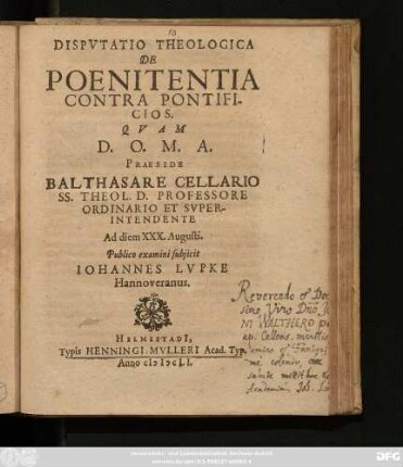 Disputatio Theologica De Poenitentia Contra Pontificios