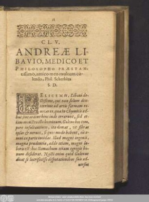 C L. V. Andreae Libavio, Medico Et Philosopho Praestantissimo, amico meo multum colendo, Phil. Scherbius S. D.