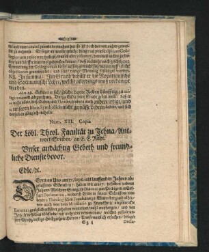 Num. XII. Copia Der Löbl. Theol. Facultät zu Jehna/ Antwort-Schreiben/ an E. E. Raht.