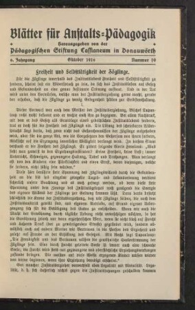 Freiheit und Selbsttätigkeit der Zöglinge