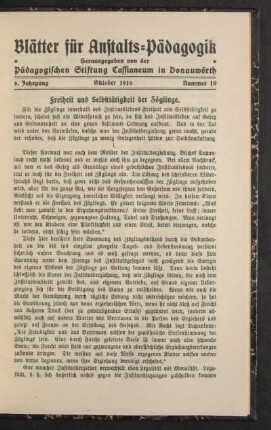 Freiheit und Selbsttätigkeit der Zöglinge