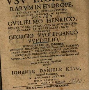 Dissertatio Medica De Vsv Ligatvrarvm In Hydrope