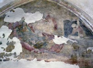 Wandmalerei im Südwestjoch — Malerei der Westwand — Feld 7: Oben: Geburt Christi. Unten links: Der blühende Stab Arons. Unten rechts: Wurzel Jesse.