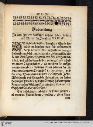Zubereitung zu dem Fest der Auffahrt unserer lieben Frauen und Mutter der Jungfrau Mariae
