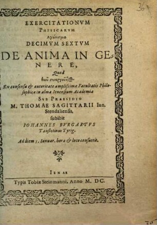 EXERCITATIONVM PHYSICARVM Agōnisma DECIMVM SEXTVM DE ANIMA IN GENERE