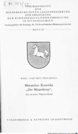 Menanders Komödie "Der Misanthrop" : ein neuerer Papyrusfund