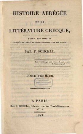 Histoire abrégée de la littérature grecque, P. 1 (1813)