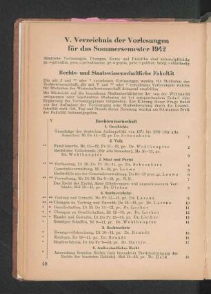 V. Verzeichnis der Vorlesungen für das Sommersemester 1942