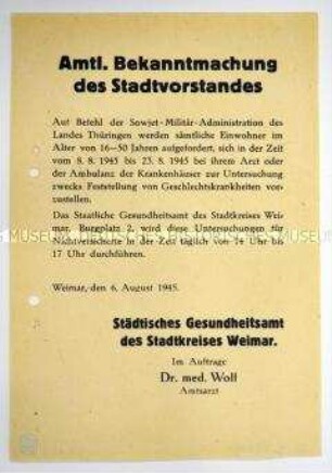 Amtliche Bekanntmachung des Stadtvorstandes von Weimar zu Untersuchungen auf Geschlechtskrankheiten