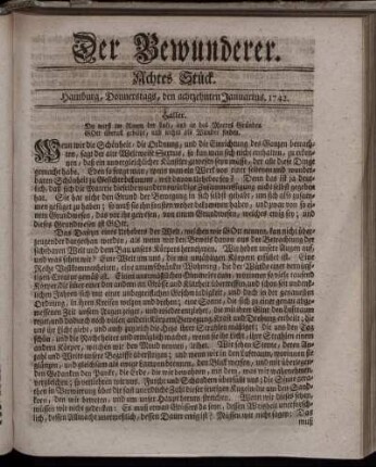 Achtes Stück. Hamburg, Donnerstags, den achtzehnten Januarius. 1742.