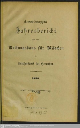46.1898: Jahresbericht von dem Rettungshaus für Mädchen zu Berthelsdorf bei Herrnhut