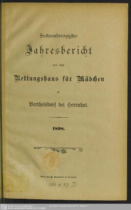 46.1898: Jahresbericht von dem Rettungshaus für Mädchen zu Berthelsdorf bei Herrnhut