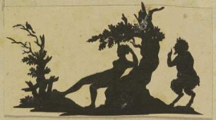 Unter einem Baum ruhende Nymphe, rechts ein sich ihr von hinten nähernder Faun