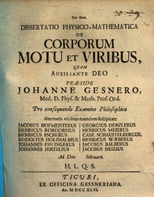 Diss. phys. math. de corporum motu et viribus