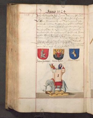 Wappen Paulus Grundherr, Hanns Rieter, Endres Fugger; Hölle: Kampfelefant (Elefant mit auf den Rücken geschnalltem Turm)