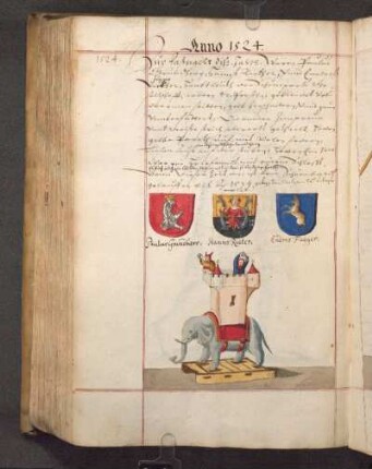 Wappen Paulus Grundherr, Hanns Rieter, Endres Fugger; Hölle: Kampfelefant (Elefant mit auf den Rücken geschnalltem Turm)