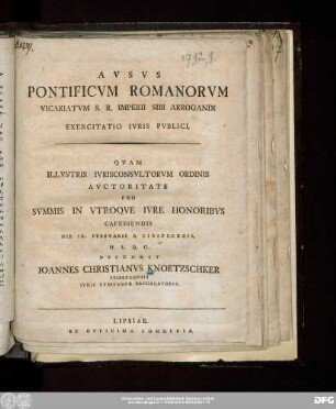 Avsvs Pontificvm Romanorvm Vicariatvm S.R. Imperii Sibi Arrogandi : Exercitatio Ivris Pvblici