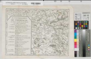 Champagne Carte du gouvernement de Champagne ou sont divisées les elections de la Généralité de Chalons et celles qui sont partie de la Généralité de Paris 1785 1 Breitengrad = 25,8 cm; 7 frz. Meilen = 12,8 cm 32 x 44 kol. Druck Bourgoin, Graveur, Paris Bem.: auf Karte V (= A 20413 Verzeichnis der Bezirke v.d. Recke-Volmarstein, Dep.