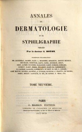 Annales de dermatologie et de syphiligraphie. 9. 1877/78