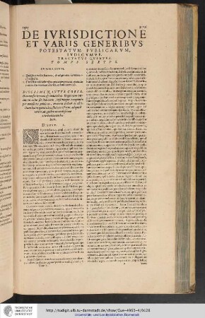 De Ivrisdictione et variis generibvs potestatvm pvblicarvm, ivdicvmve. Tractatvs Qvintvs. Tomvs Sextvs