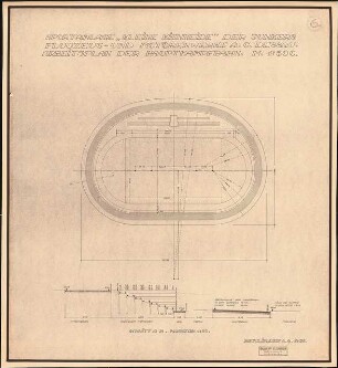 Gartenanlage »Kleine Kienheide« Firma Junkers, Dessau: Sportanlage, Arbeitsplan der Hauptkampfbahn: Grundriss 1:500, Schnitt 1:50