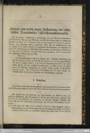 Entwurf zum Gesetz wegen Besteuerung des inländischen Branntweins (Maischraumsteuergesetz)