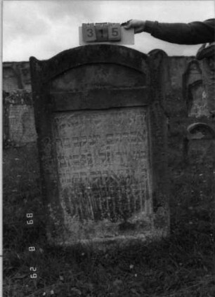 Grabstein 315 (Index: 100107732) Material: gelber Sandstein Zustand: stark verwittert Maße HxBxT: 145x86x19 cm Beschreibung: Stele, Segmentbogenabschluß, kleine Seitenakrotere, Schriftfeld rechteckig eingetieft: Grabstein 315