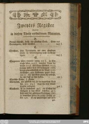Zweytes Register derer in diesem Theile enthaltenen Materien.