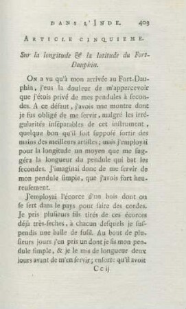 Article cinquieme. Sur la longitude & la latitude du Fort-Dauphin