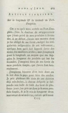 Article cinquieme. Sur la longitude & la latitude du Fort-Dauphin