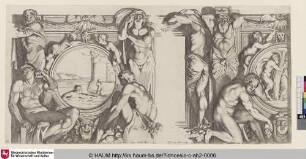 [Léandre passant à la nage le détroit de l'Hellespont, pour aller visiter Héro, et Pan poursuivant Sirinx changée en roseaux]