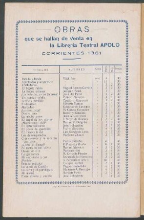 Obras que se hallan de venta en la Librería Teatral Apolo