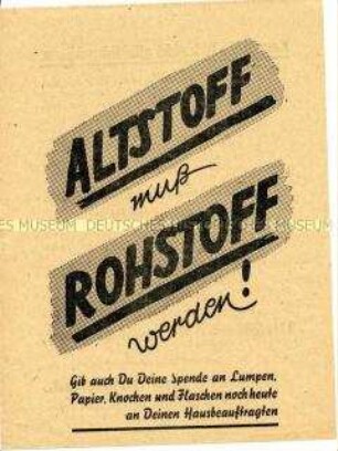 Aufruf der Volkssolidarität zur Spende von Altstoffen zum Zwecke der Wiederverwertung