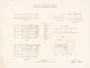 Tuberkulose-Baracken der Charité, Berlin: Baracke für Frauen: Lageplan 1:500, Grundriss Kellergeschoss, Erdgeschoss, Querschnitt, S-, W-, N-Ansicht 1:100