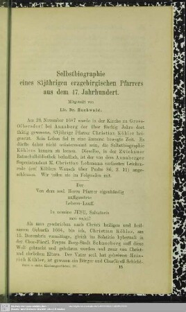 Selbstbiographie eines 83jährigen erzgebirgischen Pfarrers aus dem 17. Jahrhundert