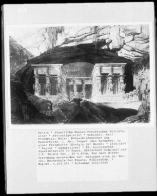 Bühnenbildentwurf zur Zauberflöte, 1. Akt: Tempel (des Sarastro) in einer Felsgrotte (Königin der Nacht)