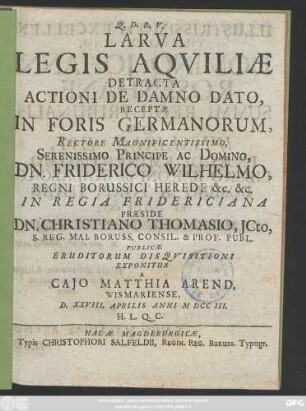 Larva Legis Aqviliæ Detracta Actioni De Damno Dato, Receptæ In Foris Germanorum