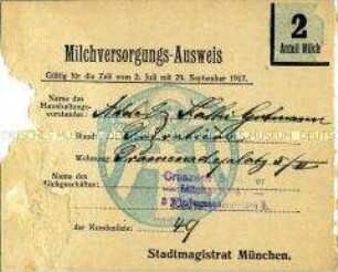 Bezugsausweis der Stadt München für Milch