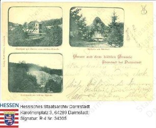 Mühltal bei Darmstadt-Eberstadt, Gasthaus 'Zum kühlen Grund'; Müllerin mit Mühlrad; Steinbruch am kühlen Grund