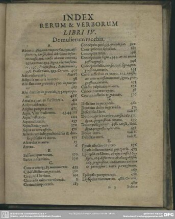 Index Rerum & Verborum Libri IV. De mulierum morbis