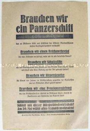 Propagandaflugblatt der SPD zur Reichstagswahl 1928 gegen den Panzerkreuzerbau und die Erhöhung der Rüstungsausgaben