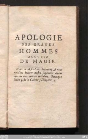 Apologie Pour Tous Les Grands Hommes, Qui Ont Ésté Accusez De Magie