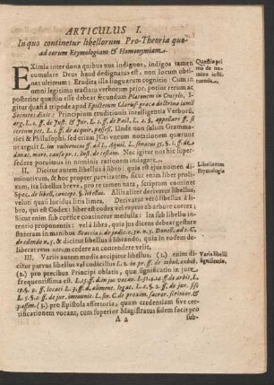 Articulus I. In quo continetur libellorum Pro-Theoria quoad eorum Etymologiam & Homonymiam.