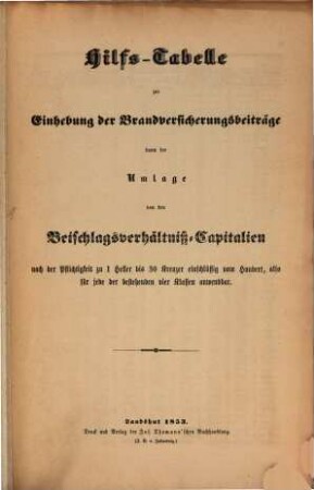 Hilfs-Tabelle zur Einhebung der Brandversicherungsbeiträge, dann der Umlage von den Beischlagsverhältniss-Copitalier