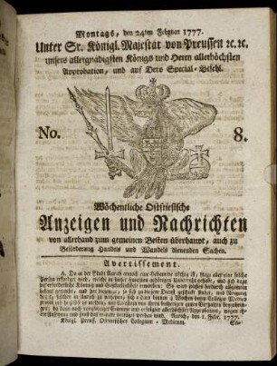 No. 8. Montags, den 24ten Februar 1777.