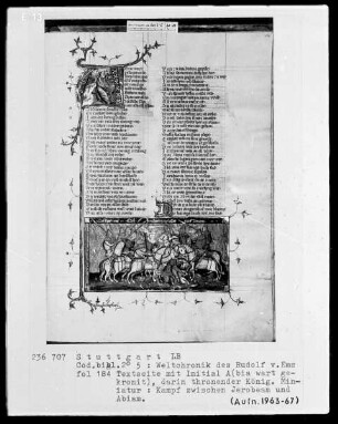 Weltchronik des Rudolf von Ems — Textseite mit zwei Miniaturen, Folio 184recto