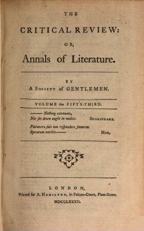 The critical review, or annals of literature. 53. 1782