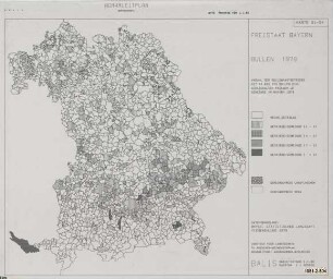 Anzahl der Bullenmastbetriebe mit 90 bis 120 Bullen einschließlich Kälber je Gemeinde in Bayern 1979, Agrarleitplan, Wertungskarte
