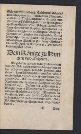 Dem Könige zu Hungern und Beheim.